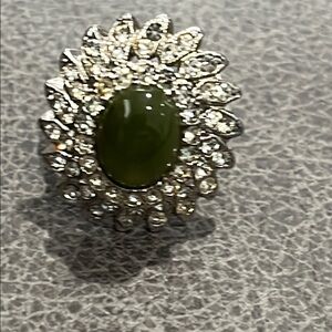 *Jade and Silver-Tone Gemstone Ring with Diamond Like Halo